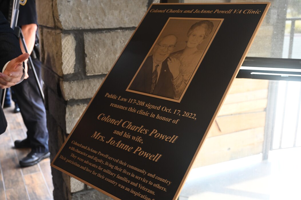 A new memorial is displayed at the Colonel Charles and JoAnne Powell Veteran Affairs Clinic during the Veteran Affairs Clinic renaming ceremony, San Angelo, Texas, July 31, 2023. U.S. Air Force  Retired Col. Charles Powell and his wife, JoAnne Powell, retired in San Angelo after his final active-duty assignment as the 2480th Training Wing commander at Goodfellow Air Force Base in 1984. (U.S. Air Force photo by Airman 1st Class Madison Collier)