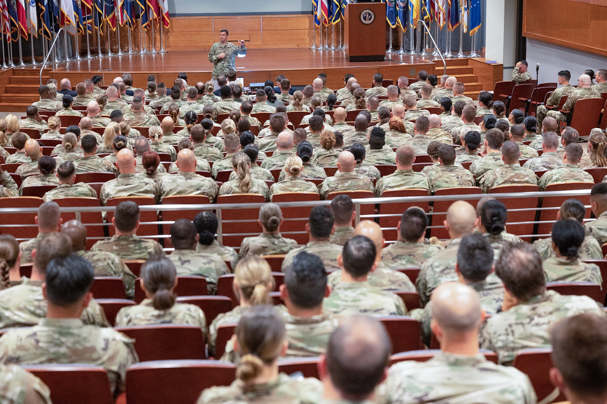 U.S. Air Force Lt. Gen. Michael A. Loh, director, Air National Guard, speaks to Guard Airmen attending the Enlisted Leadership Symposium, Alexandria, Virginia, Aug. 2, 2023.