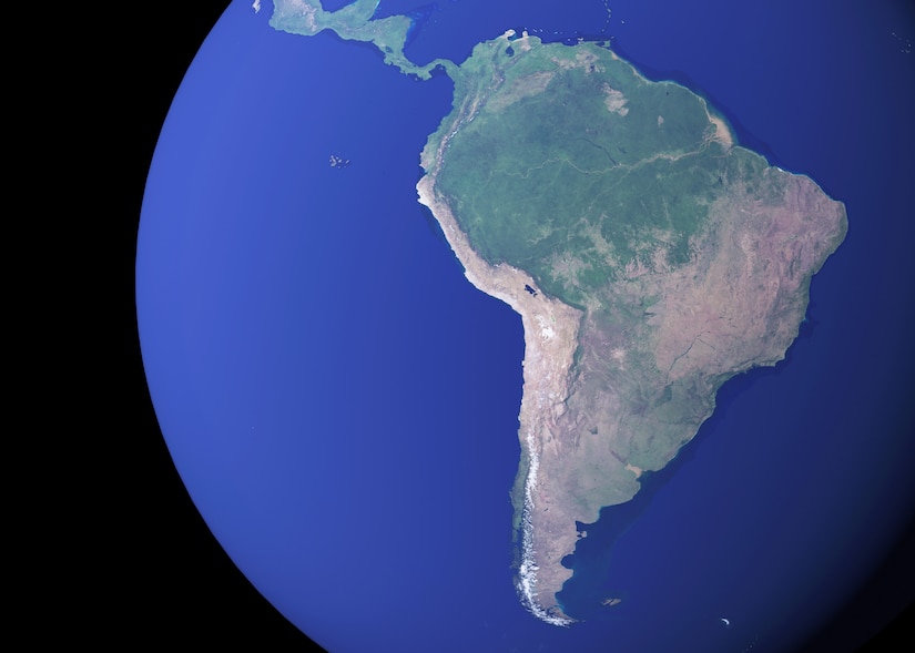 A satellite image shows South America.