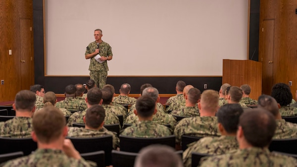 Vice Adm. Daniel Dwyer, commander, U. S. 2nd Fleet, speaks at the Theater Anti-Submarine Warfare symposium, led by 2nd Fleet, held at the Choplinsky Auditorium at Naval Support Activity Hampton Roads, Aug. 1, 2023.