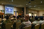 U.S. Marine Corps Sgt. Maj. Howard L. Kreamer, U.S. Strategic Command (USSTRATCOM) Senior Enlisted Leader, eats breakfast with noncommissioned officers at Minot Air Force Base, North Dakota, Aug. 2, 2023. During the breakfast, Kreamer answered questions about USSTRATCOM, and gave advice on how to enhance their leadership skills. (U.S. Air Force photo by Senior Airman Evan Lichtenhan)