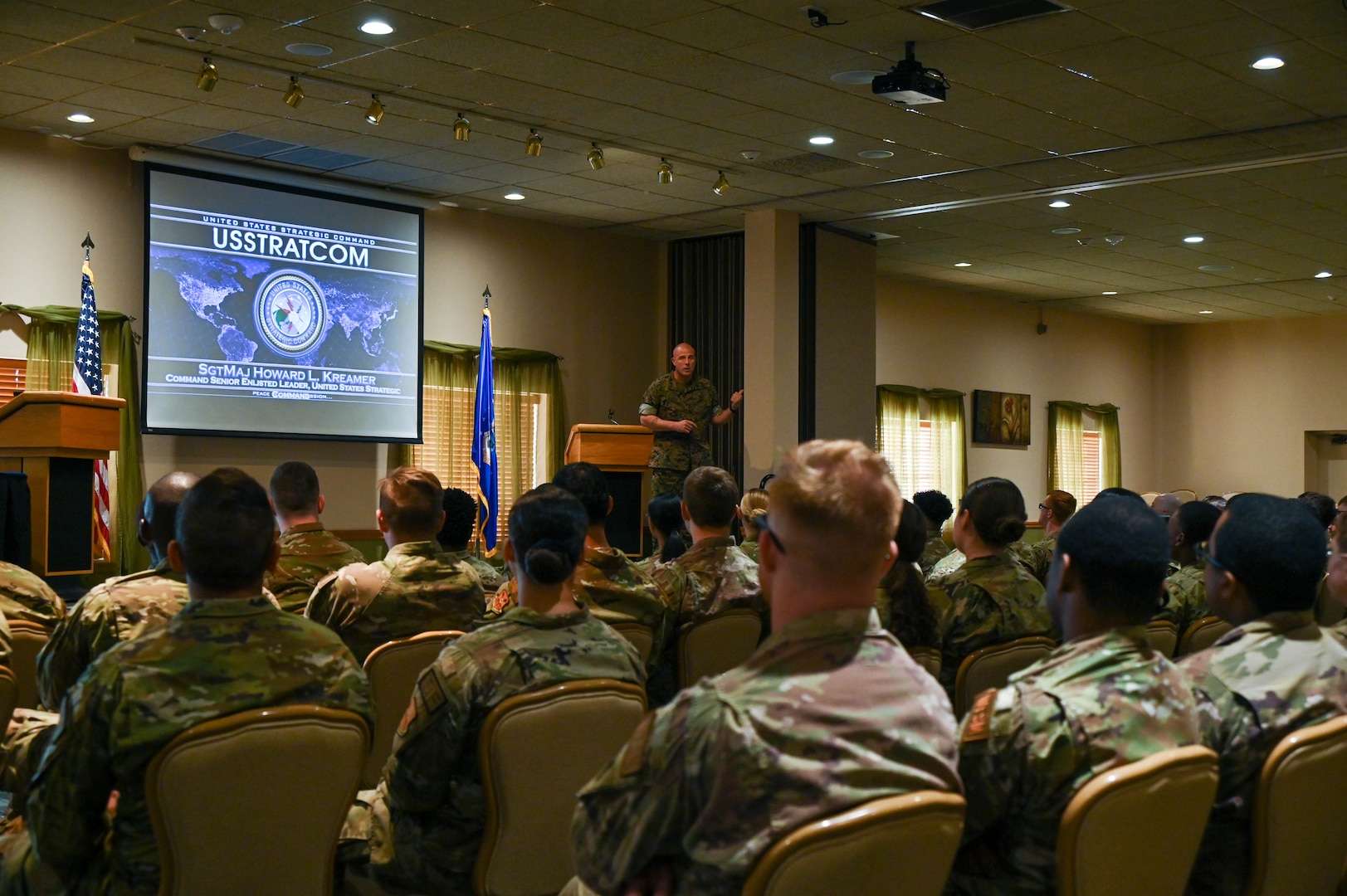 U.S. Marine Corps Sgt. Maj. Howard L. Kreamer, U.S. Strategic Command (USSTRATCOM) Senior Enlisted Leader, eats breakfast with noncommissioned officers at Minot Air Force Base, North Dakota, Aug. 2, 2023. During the breakfast, Kreamer answered questions about USSTRATCOM, and gave advice on how to enhance their leadership skills. (U.S. Air Force photo by Senior Airman Evan Lichtenhan)