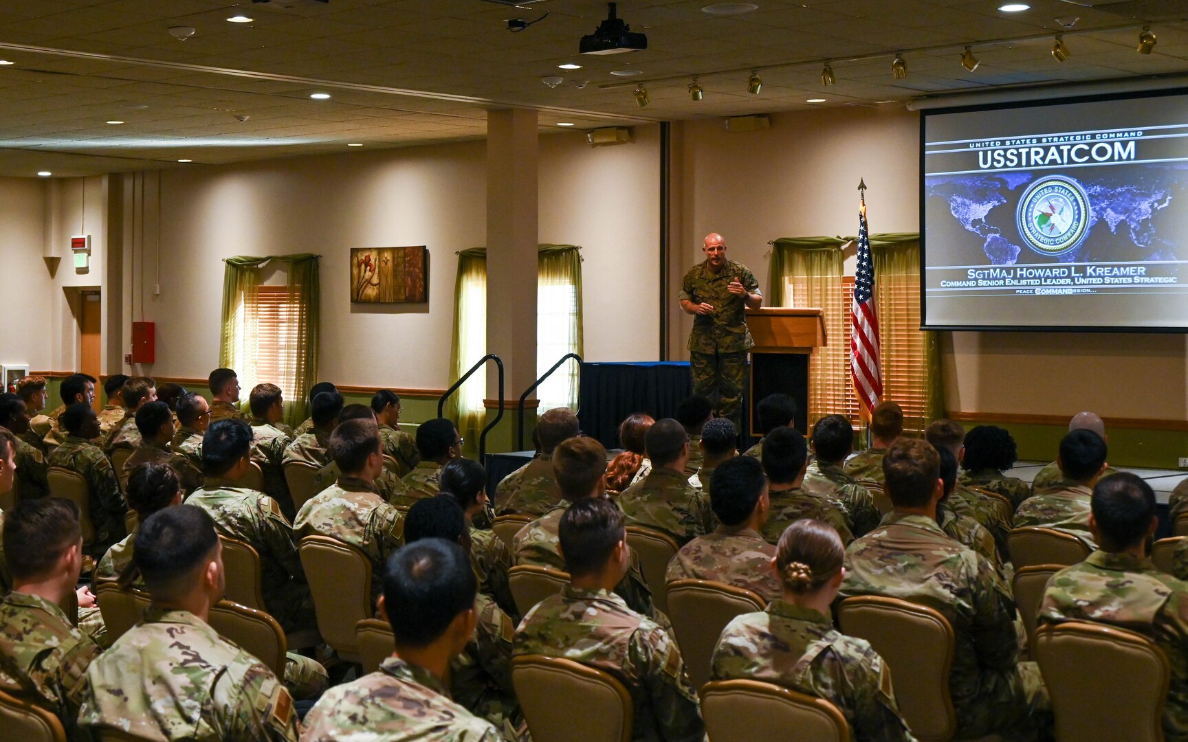 U.S. Marine Corps Sgt. Maj. Howard L. Kreamer, U.S. Strategic Command (USSTRATCOM) Senior Enlisted Leader, eats breakfast with noncommissioned officers at Minot Air Force Base, North Dakota, Aug. 2, 2023. During the breakfast, Kreamer answered questions about USSTRATCOM, and gave advice on how to enhance their leadership skills. (U.S. Air Force photo by Senior Airman Evan Lichtenhan)