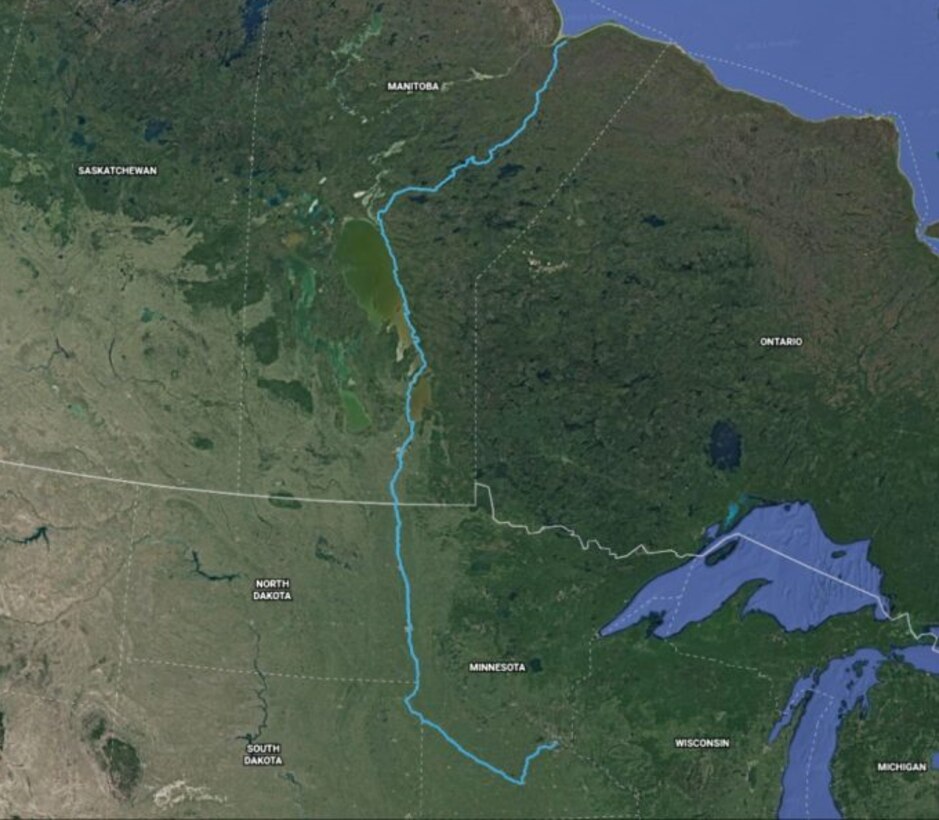 A map of Madison Ecklund's 1,500-mile solo kayak expedition from Minneapolis, Minnesota, USA, to York Factory, Manitoba, Canada. (Graphic courtesy of Madison Ecklund)