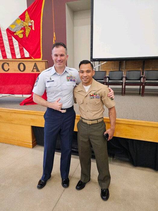  U.S. Space Force Master Sgt. Phillip Lowery, left, stands with a Marine peer after graduating with honors from the U.S. Marine Corps Staff Noncommissioned Officers Academy at Camp Johnson, North Carolina. (Courtesy Photo)