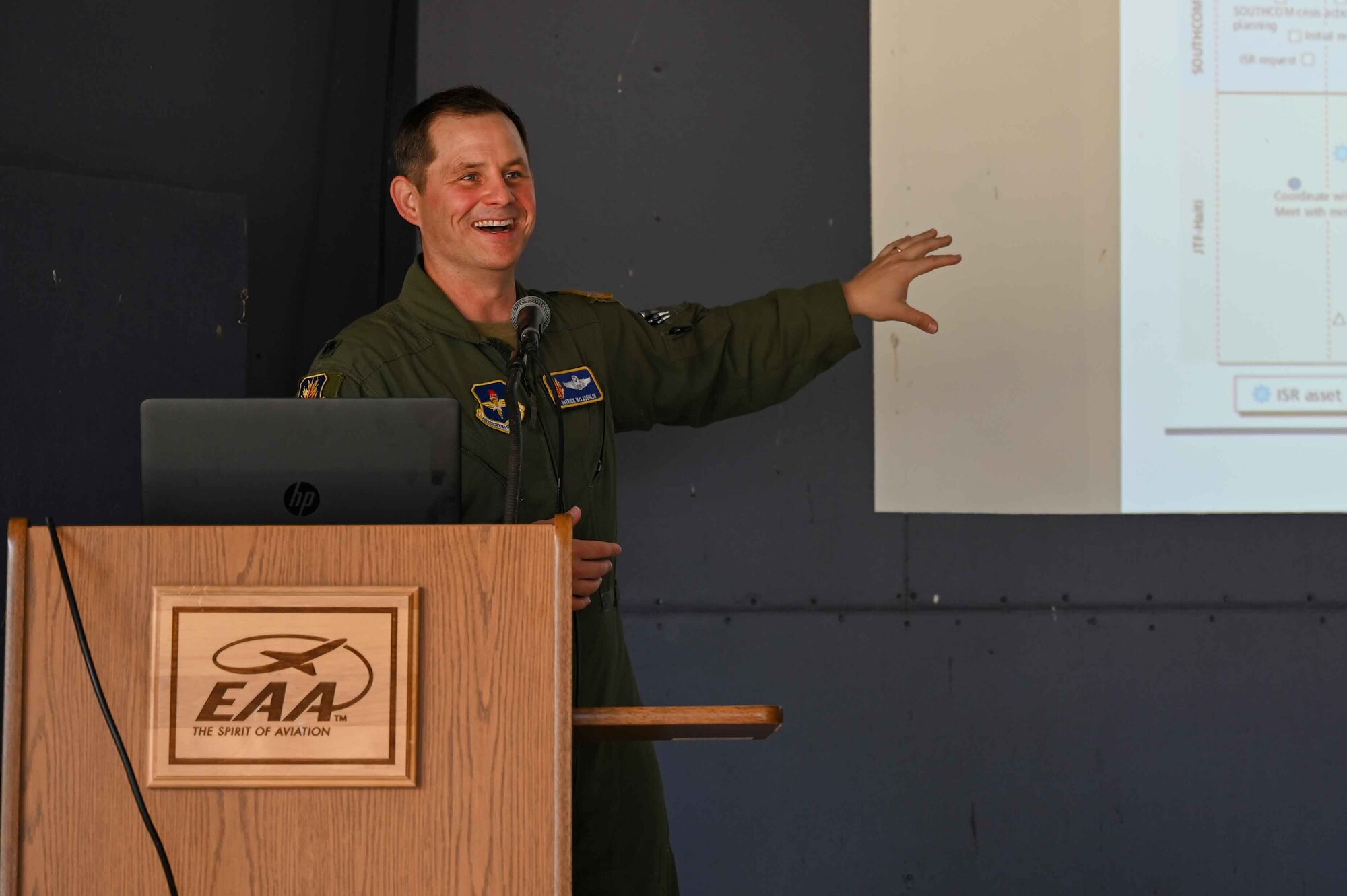 U.S. Air Force Lt. Col. Patrick Mclaughlin, 97th Air Mobility Wing director of staff, smiles during his speech at the 2023 Experimental Aviation Association AirVenture Air Show in Oshkosh, Wisconsin, July 28, 2023. McLaughlin spoke on his journey in the Air Force, how piloting the C-17 Globemaster III has changed his life and career and his role in Haiti disaster relief, Operation Tomodachi and Operation Allies Refuge. (U.S. Air Force photo by Airman 1st Class Kari Degraffenreed)