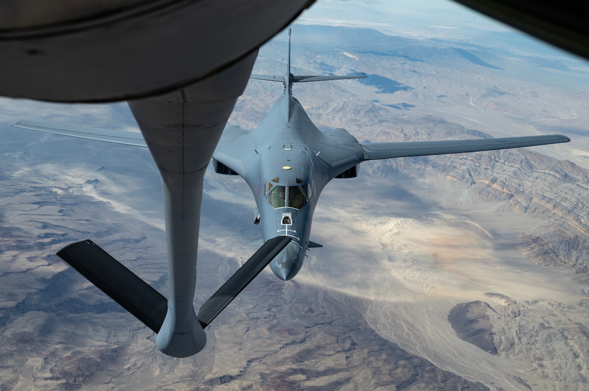 A B-1B Lancer gets in position to refuel during a Red Flag 23-3 mission at Nellis Air Force Base, Nev., July 19, 2023. This Red Flag will concentrate on three primary themes: defensive counterair, offensive counterair suppression of enemy air defenses and offensive counter air-air interdiction. (U.S. Air Force photo by William R. Lewis)