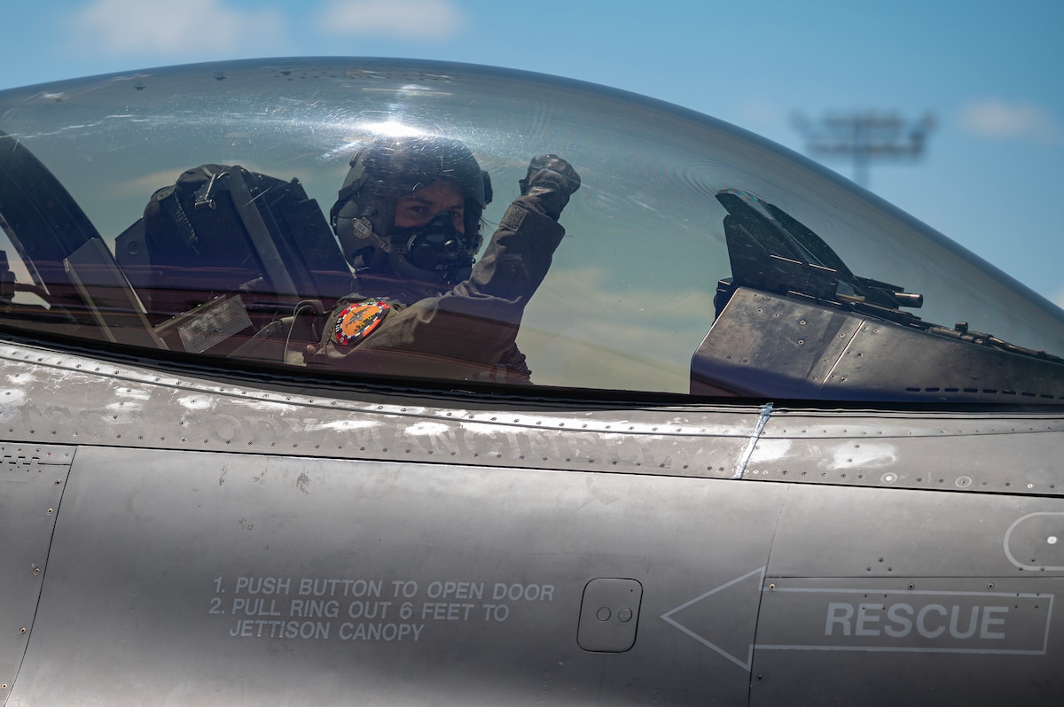 An F-16 Fighting Falcon pilot assigned to the 113th Wing, Joint Base Andrews, Md., taxis out for a Red Flag 23-3 mission at Nellis Air Force Base, Nev., July 19, 2023. This Red Flag will concentrate on three primary themes: defensive counterair, offensive counterair suppression of enemy air defenses, and offensive counter air-air interdiction. (U.S. Air Force photo by William R. Lewis)