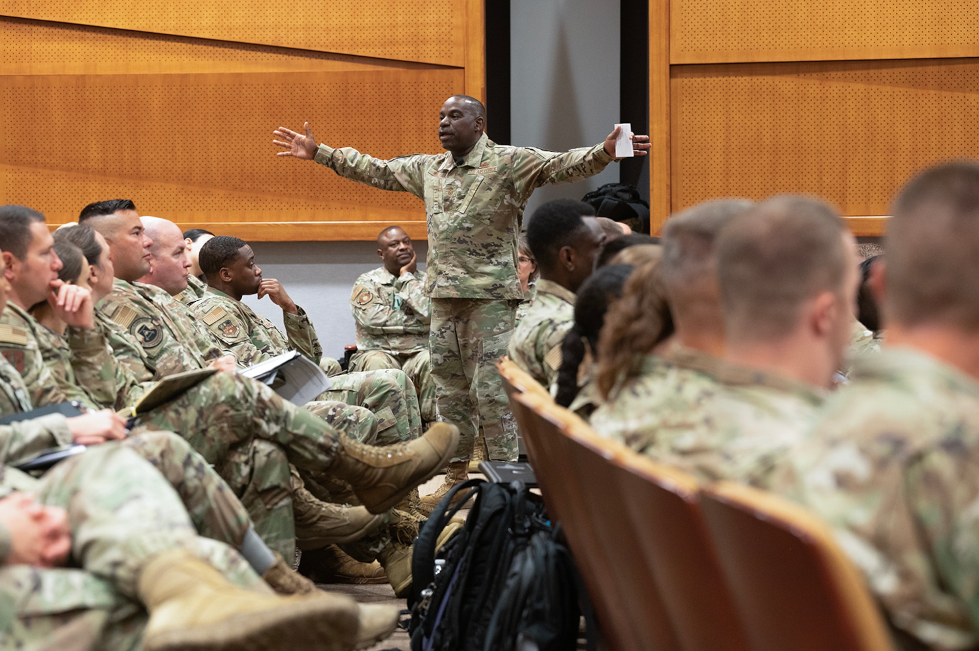 U.S. Air Force Chief Master Sgt. Maurice Williams, command chief, Air National Guard, speaks to Guard Airmen attending the Enlisted Leadership Symposium, Alexandria, Virginia, Aug. 2, 2023.