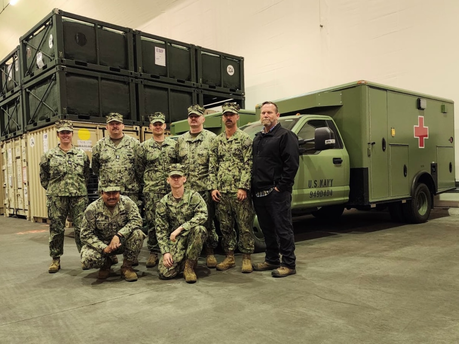 NMRLC and NMCB ONE Detail Nordic personnel conducted Material Readiness Assessments on 201 units of CESE for EMF 144A as a part of Operation Trident Arch Nordic 2023. Left to right: (top row) LT Cassidhe Griffiths, CM1 Curtis Cox, EO2 Tyler Campbell, CM2 Brock Brower, EO2 Gage Bochette, Mr. Matt Gerten; (bottom row) CM2 Bonifacio Garciacantoran, and EOCA Stephen Cosby.