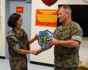 U.S. Navy Capt. Wendy Mancuso is presented with a going-away gift by Col. Clay Readinger.