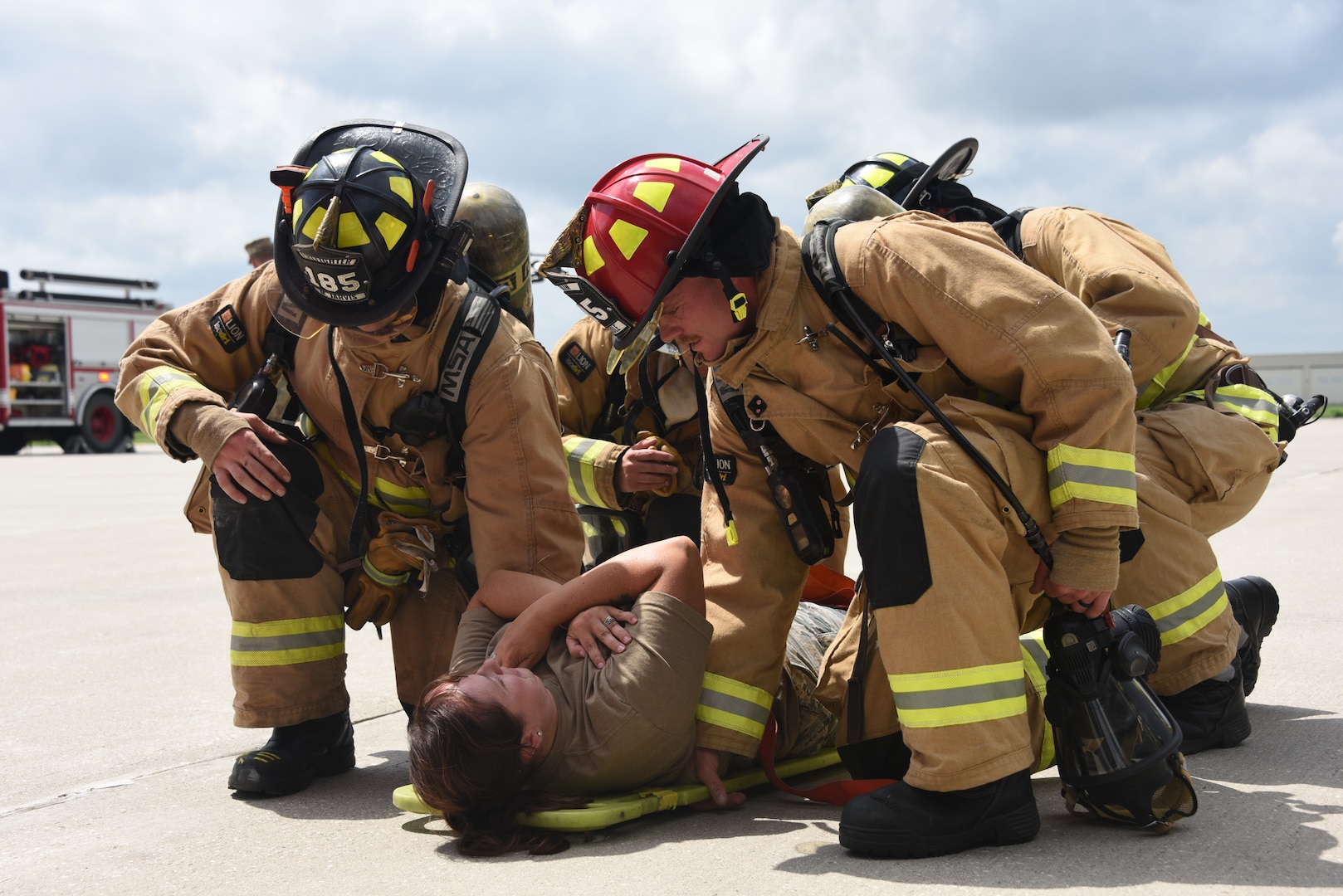 The Iowa Air National Guard's 185th Air Refueling Wing medical group conducted a simulated mass casualty exercise Aug. 5, 2023, in Sioux City, Iowa. Exercise role players were rescued by the unit’s firefighters and treated by medical personnel during the training.