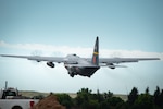 A C-130 Hercules aircraft belonging to the 153rd Airlift Wing, Wyoming Air National Guard, and equipped with a U.S. Forest Service Modular Airborne Fire Fighting System, departs Cheyenne, Wyo., Aug. 3, 2023. The Wyoming Air National Guard MAFFS unit is supporting efforts to fight wildfires in southern Oregon.
