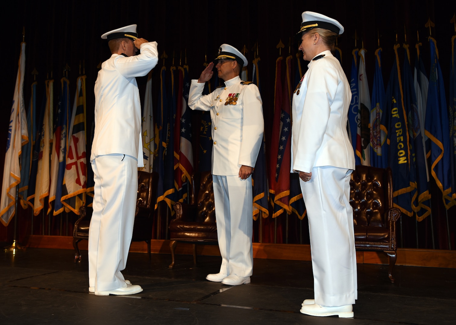 JOINT BASE SAN ANTONIO-FORT SAM HOUSTON – (Aug. 4, 2023) – Capt. Gerald DeLong, Medical Service Corps (MSC), of Belvidere, Ill., relinquished command of Naval Medical Research Unit (NAMRU) San Antonio to Capt. Jennifer Buechel, Nurse Corps, of Woodhaven, Mich., during a Change of Command Ceremony held at the Fort Sam Houston Theatre.  Presiding over the ceremony was Capt. William Deniston, MSC, commander, Naval Medical Research Command (NMRC). NAMRU San Antonio’s mission is to conduct gap driven combat casualty care, craniofacial, and directed energy research to improve survival, operational readiness, and safety of Department of Defense (DoD) personnel engaged in routine and expeditionary operations. It is one of the leading research and development laboratories for the U.S. Navy under the DoD and is one of eight subordinate research commands in the global network of laboratories operating under NMRC in Silver Spring, Md. (U.S. Navy photo by Burrell Parmer, NAMRU San Antonio Public Affairs/Released)