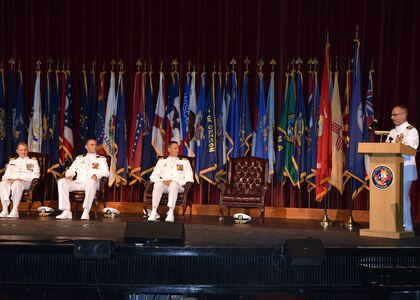 JOINT BASE SAN ANTONIO-FORT SAM HOUSTON – (Aug. 4, 2023) – Capt. Robert Hawkins, director, J3/5/7, Defense Health Agency (DHA) and director, U.S. Navy Nurse Corps (NC), served as the presiding officer during a Change of Command Ceremony held at the Fort Sam Houston Theatre where Capt. Gerald DeLong, Medical Service Corps, of Belvidere, Ill., relinquished command of Naval Medical Research Unit (NAMRU) San Antonio to Capt. Jennifer Buechel, NC, of Woodhaven, Mich. NAMRU San Antonio’s mission is to conduct gap driven combat casualty care, craniofacial, and directed energy research to improve survival, operational readiness, and safety of Department of Defense (DoD) personnel engaged in routine and expeditionary operations. It is one of the leading research and development laboratories for the U.S. Navy under the DoD and is one of eight subordinate research commands in the global network of laboratories operating under NMRC in Silver Spring, Md. (U.S. Navy photo by Burrell Parmer, NAMRU San Antonio Public Affairs/Released)