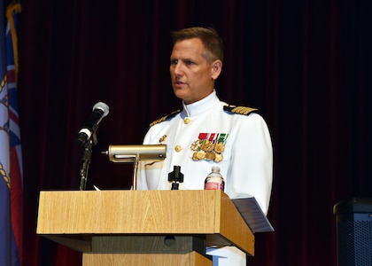 JOINT BASE SAN ANTONIO-FORT SAM HOUSTON – (Aug. 4, 2023) – Capt. William Deniston, Medical Service Corps (MSC), commander, Naval Medical Research Command (NMRC), served as the presiding officer during a Change of Command Ceremony held at the Fort Sam Houston Theatre where Capt. Gerald DeLong, MSC, of Belvidere, Ill., relinquished command of Naval Medical Research Unit (NAMRU) San Antonio to Capt. Jennifer Buechel, Nurse Corps, of Woodhaven, Mich. NAMRU San Antonio’s mission is to conduct gap driven combat casualty care, craniofacial, and directed energy research to improve survival, operational readiness, and safety of Department of Defense (DoD) personnel engaged in routine and expeditionary operations. It is one of the leading research and development laboratories for the U.S. Navy under the DoD and is one of eight subordinate research commands in the global network of laboratories operating under NMRC in Silver Spring, Md. (U.S. Navy photo by Burrell Parmer, NAMRU San Antonio Public Affairs/Released)