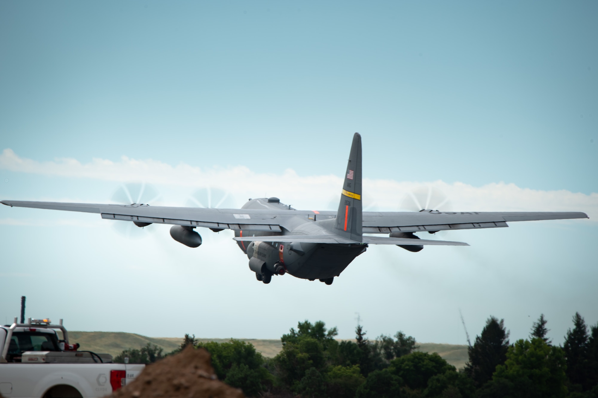 A C-130 Hercules aircraft belonging to the 153rd Airlift Wing, Wyoming Air National Guard, and equipped with a U.S. Forest Service Modular Airborne Fire Fighting System, departs Cheyenne, Wyo., Aug. 3, 2023. The Wyoming Air National Guard MAFFS unit is supporting efforts to fight wildfires in southern Oregon.