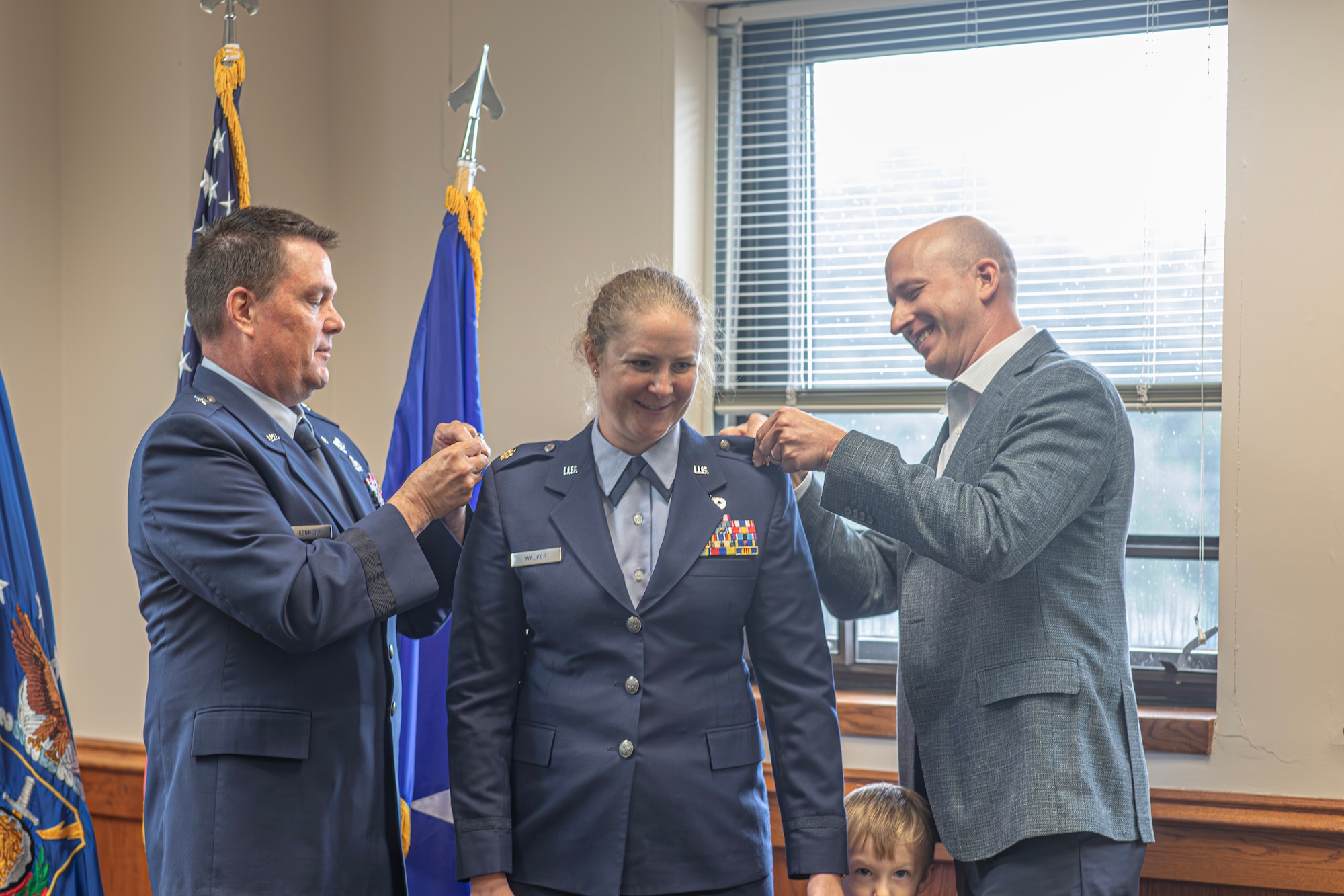 U.S. Air Force Maj. Dawn Walker, New Jersey Joint Force Headquarters-Air, was promoted to Lt. Col. during a ceremony presided by Brig. Gen. Patrick Kennedy, Assistant Adjutant General-Air, and Commander of the New Jersey Air National Guard. Walker was pinned on by Kennedy and her husband, 1st Lt. Daniel Walker on Joint Base McGuire-Dix-Lakehurst, N.J., Aug. 4, 2023.