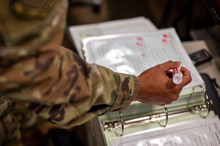 U.S. Air Force Senior Airman Bryan Nunez, 628th Air Base Wing Command Post senior emergency actions controller, runs through a checklist during weather notifications at Joint Base Charleston, South Carolina, July 27, 2023.