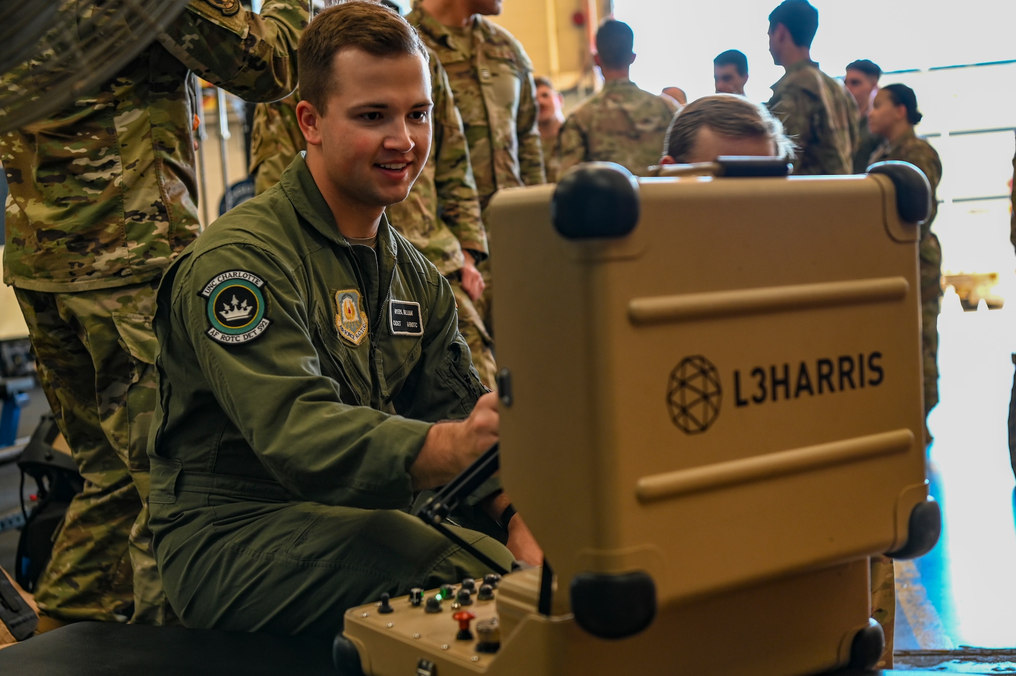 Will Myers, University of North Carolina Charlotte Air Force ROTC cadet, controls an Explosive Ordnance Disposal robot during Project Tuskegee 2.0 at Dyess Air Force Base, Texas, Aug. 1, 2023. The project is intended to increase the cadets' understanding of Air Force and Space Force missions and day-to-day operations. The 19 cadets in attendance represent 19 different Air Force ROTC detachments across the enterprise's four regions. (U.S. Air Force photo by Airman 1st Class Emma Anderson)