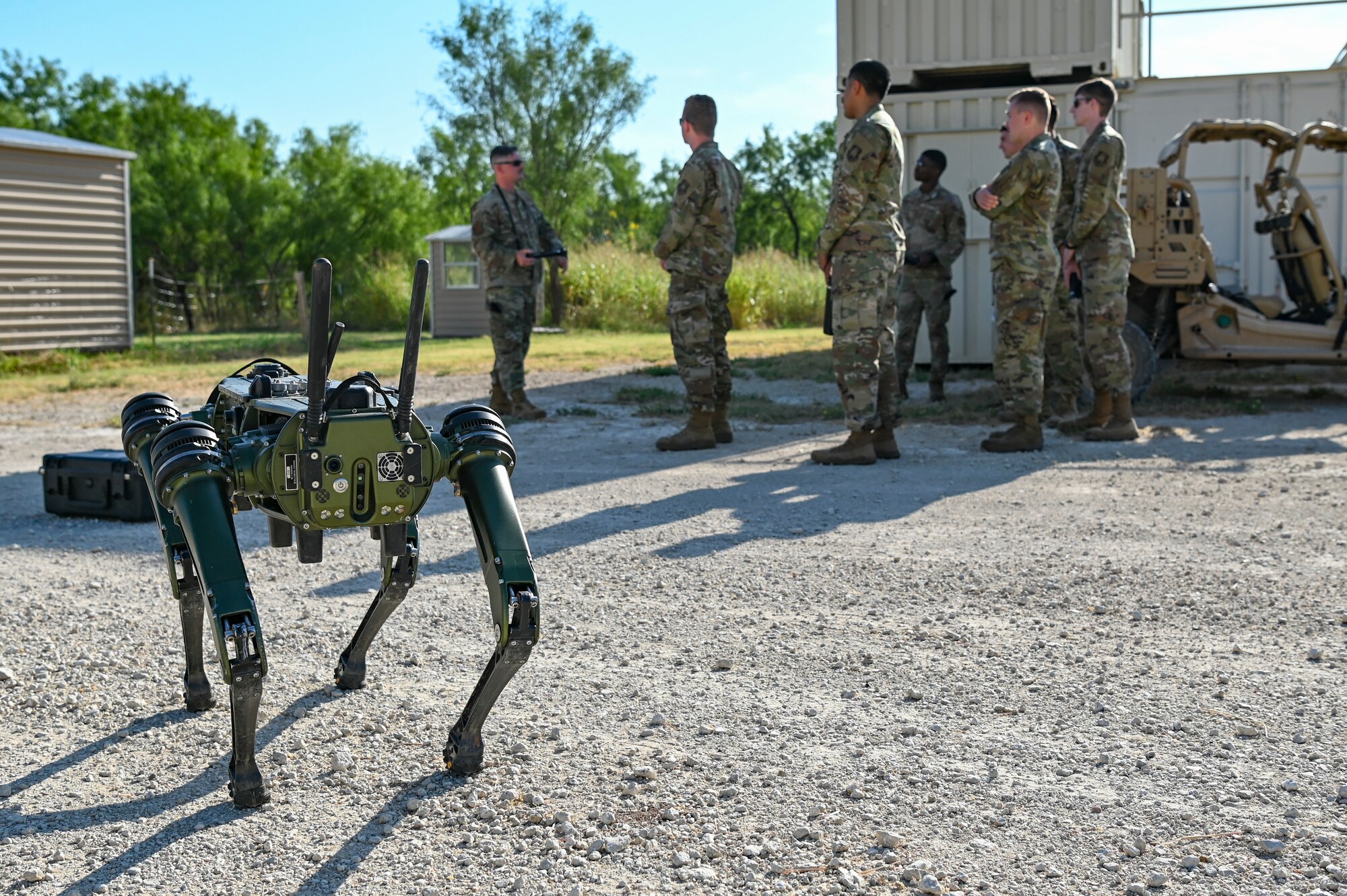 Personnel from the 7th Security Force Squadron demonstrate new technology for Air Force ROTC cadets during Project Tuskegee 2.0 at Dyess Air Force Base, Texas, Aug. 2, 2023. The project is intended to increase the cadets' understanding of Air Force and Space Force missions and day-to-day operations. The 19 cadets in attendance represent 19 different Air Force ROTC detachments across the enterprise's four regions. (U.S. Air Force photo by Airman 1st Class Emma Anderson)