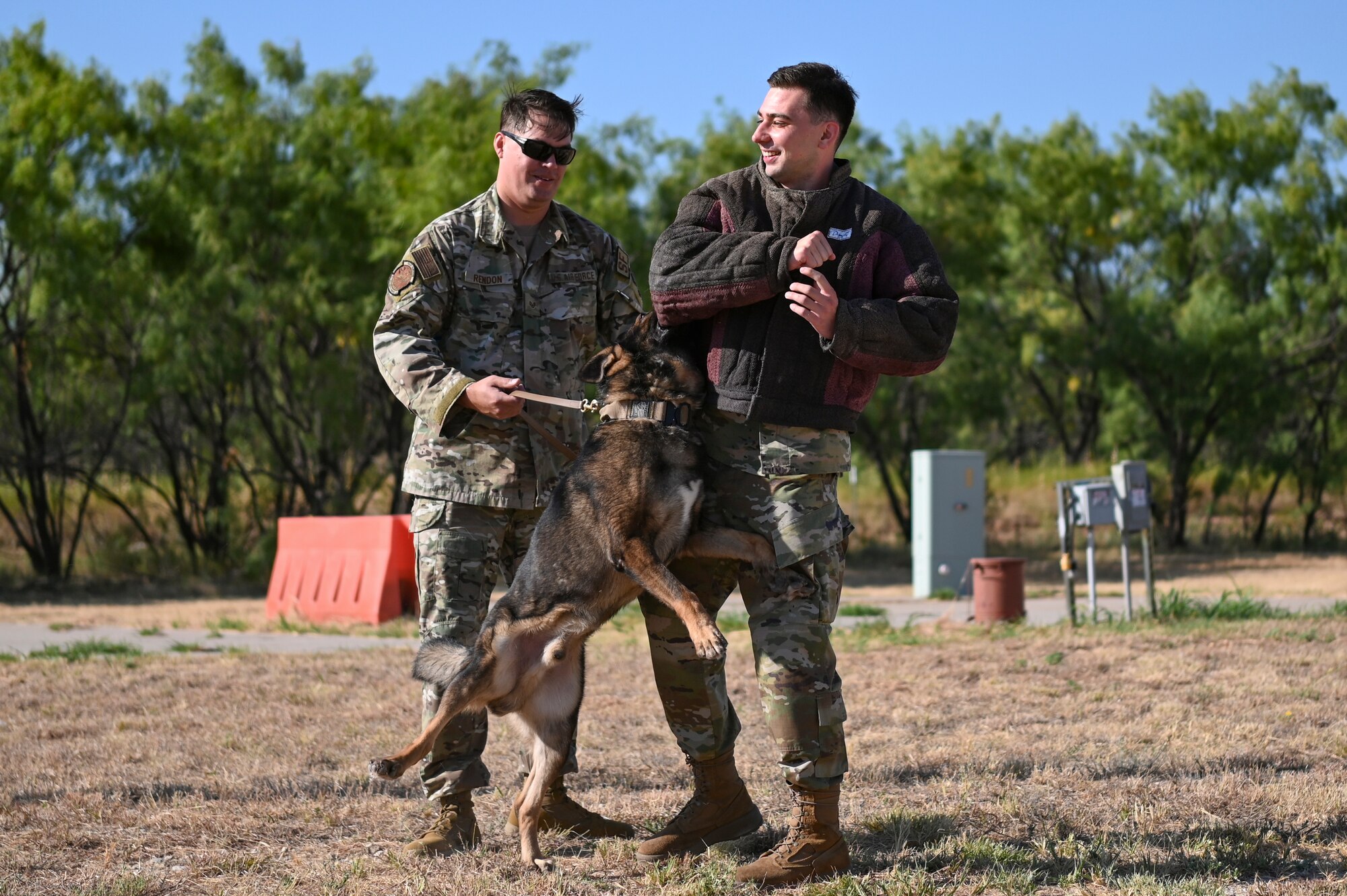 U.S. Air Force Staff Sgt. Eric Rendon, 7th Security Forces Squadron military working dog trainer, demonstrates military working dog capabilities with Michael Lenahan, University of Tennessee Air Force ROTC cadet, during Project Tuskegee 2.0 at Dyess Air Force Base, Texas, Aug. 2, 2023. The project is intended to increase the cadets' understanding of Air Force and Space Force missions and day-to-day operations. The 19 cadets in attendance represent 19 different Air Force ROTC detachments across the enterprise's four regions. (U.S. Air Force photo by Airman 1st Class Emma Anderson)