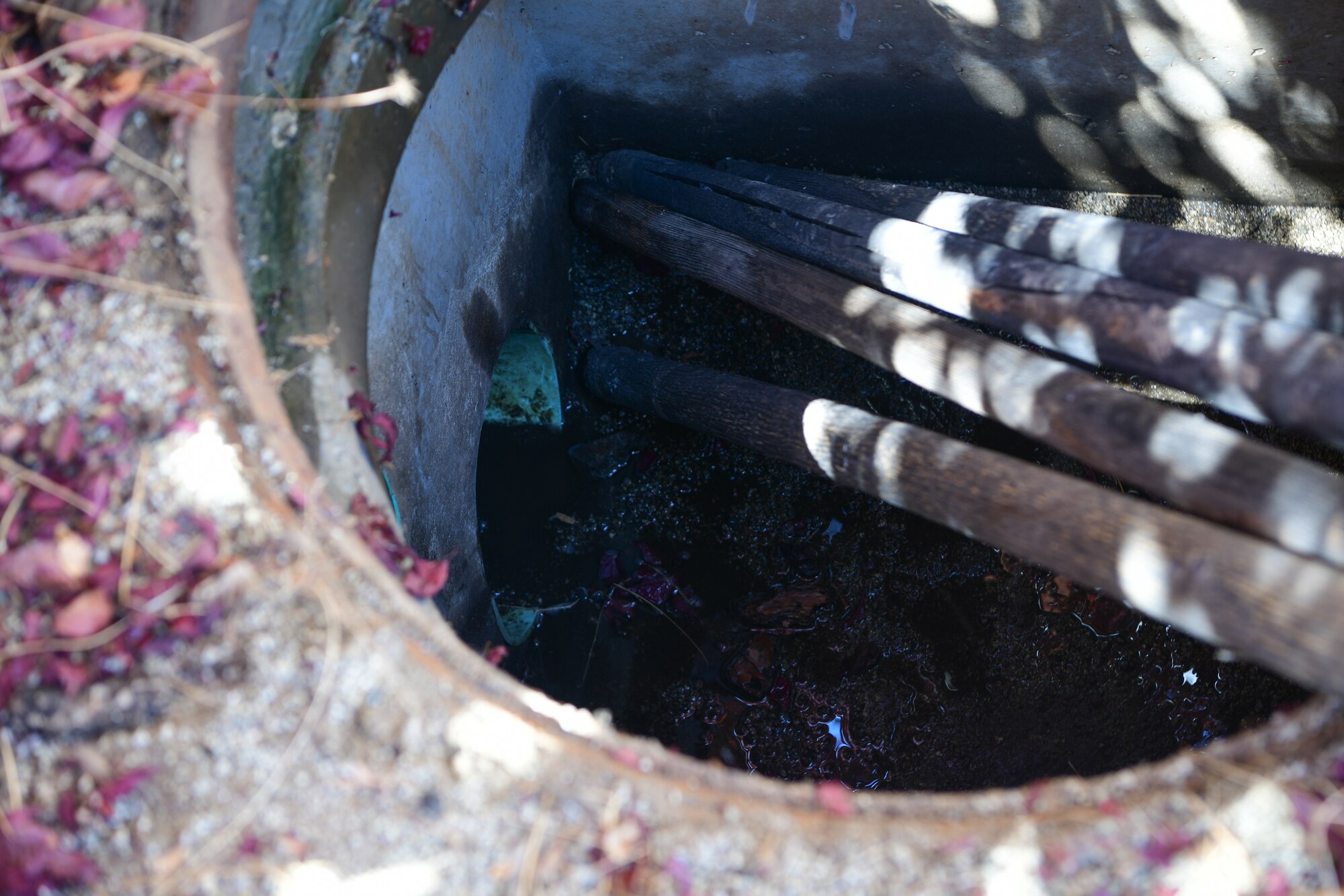 Wooden beams were put into a sewage pipe on Beale Air Force Base, California, Aug. 4, 2023.