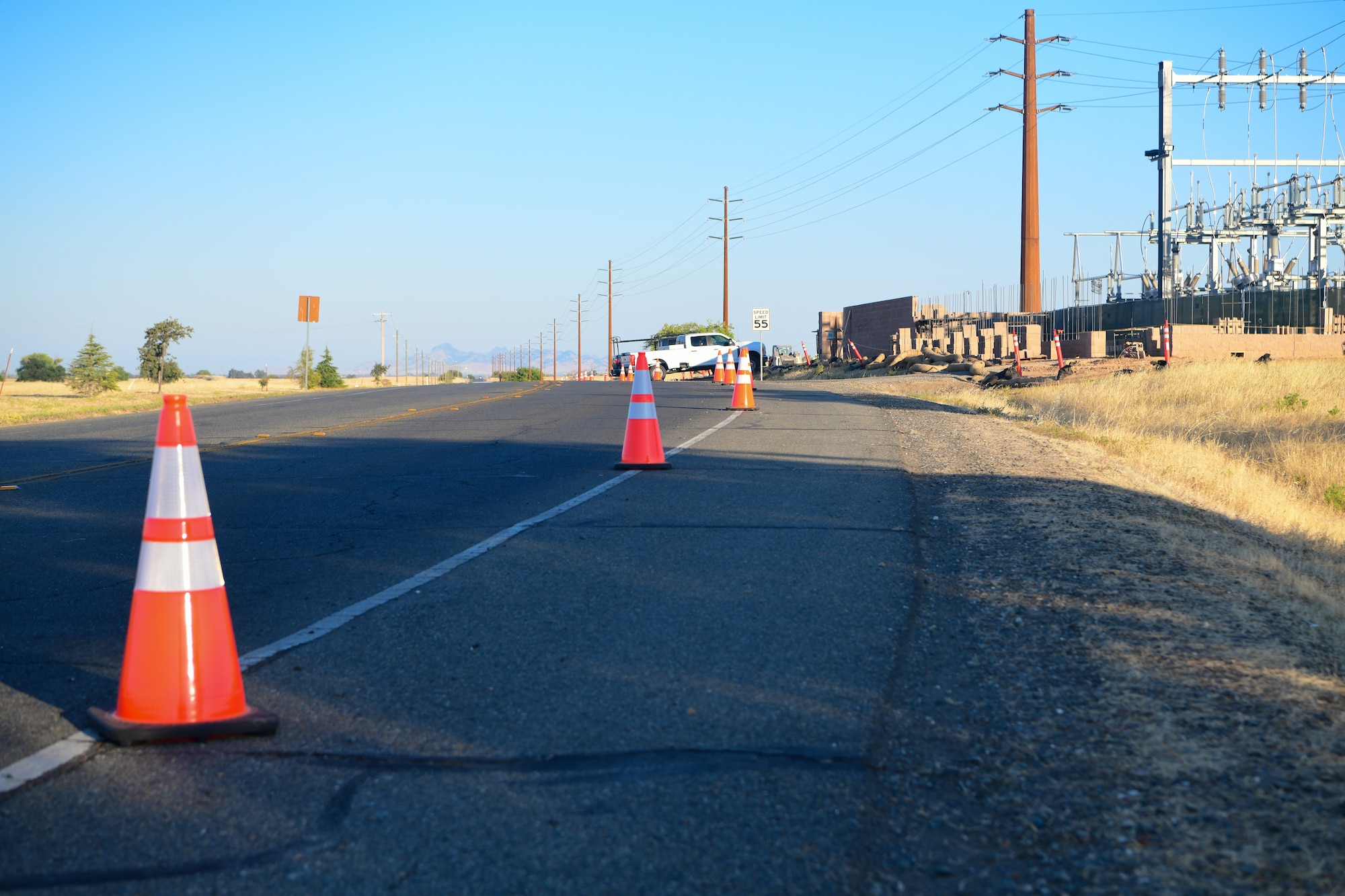 Traffic cones line the road side on Beale Air Force Base, California on Aug. 7, 2023.