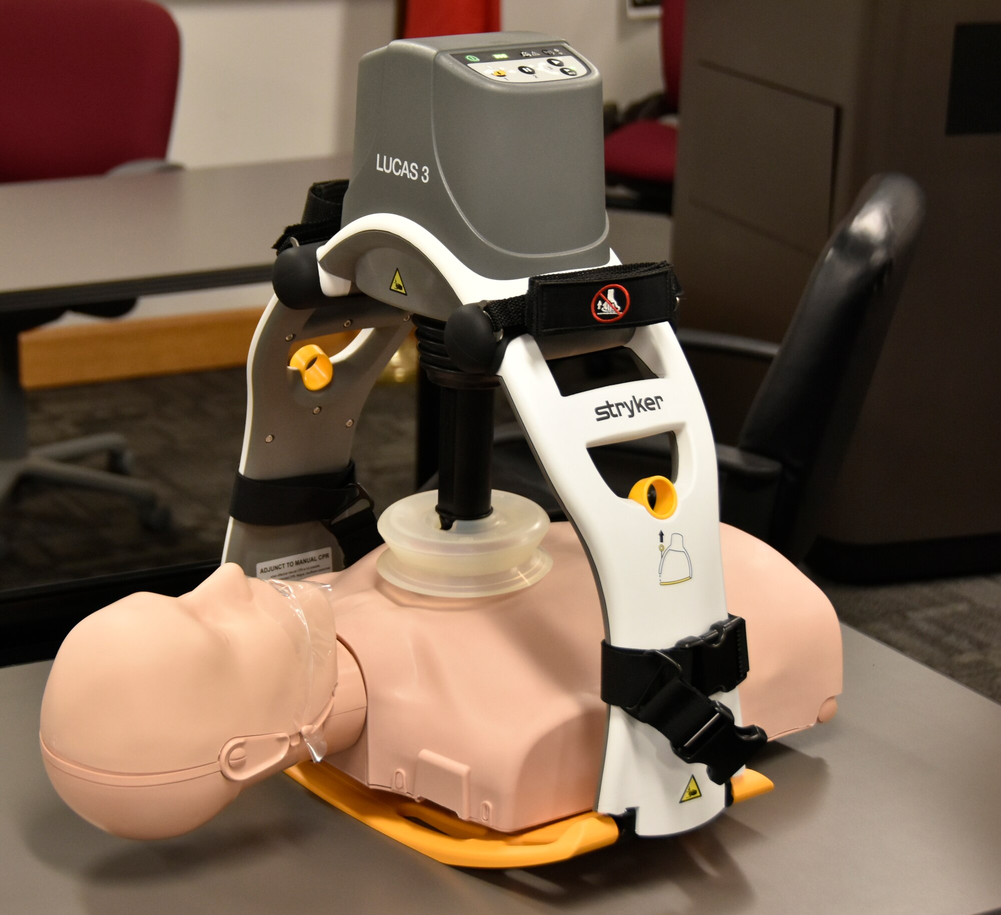 A LUCAS 3 Chest Compression System is pictured in the Arnold Fire and Emergency Services Training Room at Arnold AFB, Tenn., July 17, 2023. Arnold FES was able to acquire two of the automated CPR devices through Arnold Engineering Development Complex Spark Tank funding the department received earlier this year. Arnold AFB is the headquarters of AEDC. The LUCAS 3 is designed to deliver uninterrupted chest compressions at a consistent rate and depth, whether in the field, during transport and throughout arrival to the hospital. (U.S. Air Force photo by Bradley Hicks)