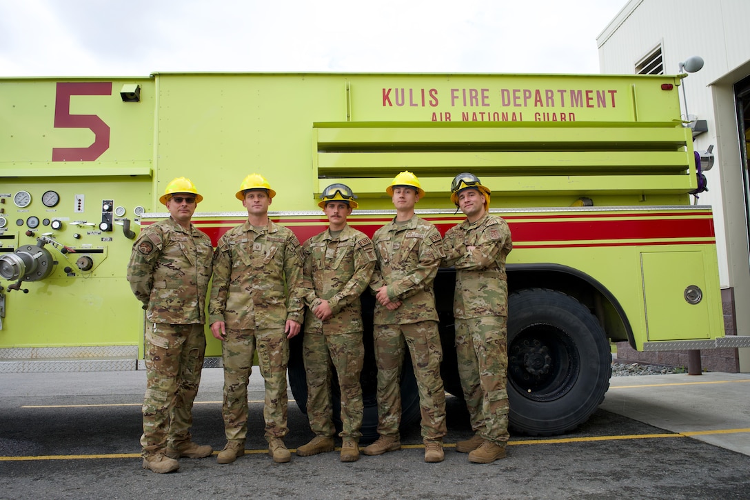 Five 176th Civil Engineer Squadron firefighters deploy from JBER to Interior Alaska Aug. 6, 2023, to fight wildfires. As of the day they deployed, the fires burned more than 60,000 acres.