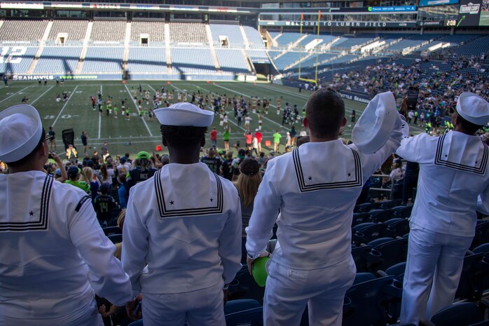 SEATTLE (Aug. 4, 2023) Sailors, assigned to the Arleigh Burke-class guided missile destroyer USS Barry (DDG 52) attend the 2023 Seattle Seahawks Football Fest during Seattle Fleet Week. Seattle Fleet Week is a time-honored celebration of the sea services and provides an opportunity for the citizens of Washington to meet Sailors, Marines and Coast Guardsmen, as well as witness firsthand the latest capabilities of today’s U.S. and Canadian maritime services. (U.S. Navy photo by Mass Communication Specialist 2nd Class Madison Cassidy)