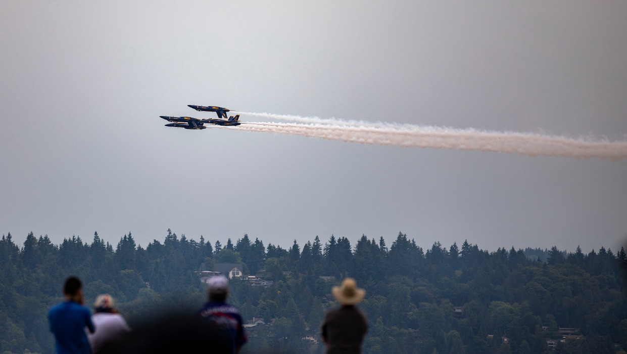 The United States Navy flight demonstration squadron, the Blue Angels, fly in formation for an airshow during Seattle Fleet Week, Aug. 05, 2023 in Seattle, Washington. Seattle Fleet Week is a time-honored celebration of the sea services and provides an opportunity for the citizens of Washington to meet Sailors, Marines and Coast Guardsmen, as well as witness firsthand the latest capabilities of today's U.S. and Canadian maritime services. (U.S. Navy photo by Mass Communication Specialist 2nd Class Ethan J. Soto)