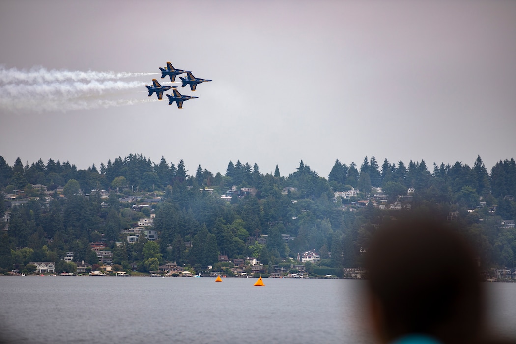 The United States Navy flight demonstration squadron, the Blue Angels, fly in formation for an airshow during Seattle Fleet Week, Aug. 05, 2023 in Seattle, Washington. Seattle Fleet Week is a time-honored celebration of the sea services and provides an opportunity for the citizens of Washington to meet Sailors, Marines and Coast Guardsmen, as well as witness firsthand the latest capabilities of today's U.S. and Canadian maritime services. (U.S. Navy photo by Mass Communication Specialist 2nd Class Ethan J. Soto)