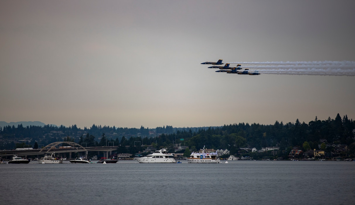 The United States Navy flight demonstration squadron, the Blue Angels, fly in formation for an airshow during Seattle Fleet Week, Aug. 05, 2023 in Seattle, Washington. Seattle Fleet Week is a time-honored celebration of the sea services and provides an opportunity for the citizens of Washington to meet Sailors, Marines and Coast Guardsmen, as well as witness firsthand the latest capabilities of today's U.S. and Canadian maritime services. (U.S. Navy photo by Mass Communication Specialist 2nd Class Ethan J. Soto)