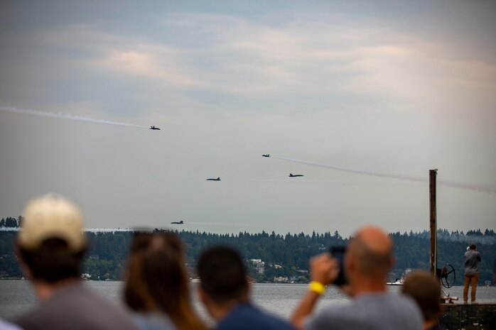 The United States Navy flight demonstration squadron, the Blue Angels, fly in formation for an airshow during Seattle Fleet Week, Aug. 05, 2023 in Seattle, Washington. Seattle Fleet Week is a time-honored celebration of the sea services and provides an opportunity for the citizens of Washington to meet Sailors, Marines and Coast Guardsmen, as well as witness firsthand the latest capabilities of today's U.S. and Canadian maritime services. (U.S. Navy photo by Mass Communication Specialist 2nd Class Ethan J. Soto)