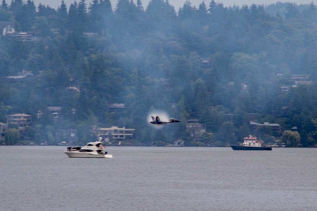 230805-N-YF131-1130 SEATTLE (Aug. 5, 2023) The U.S. Navy Flight Demonstration Squadron, the Blue Angels, perform at Lake Washington during Seattle Fleet Week. Seattle Fleet Week is a time-honored celebration of the sea services and provides an opportunity for the citizens of Washington to meet Sailors, Marines and Coast Guardsmen, as well as witness firsthand the latest capabilities of today’s U.S. and Canadian maritime services. (U.S. Navy photo by Mass Communication Specialist 2nd Class Madison Cassidy)