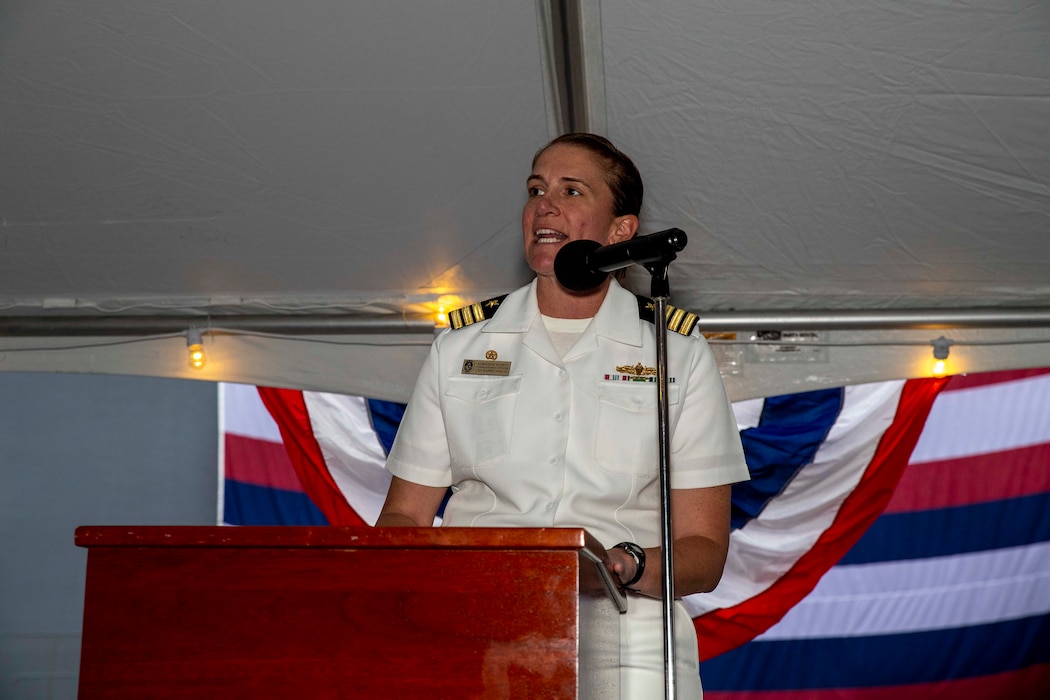 230805-N-YF131-1362 SEATTLE (Aug. 5, 2023) Cmdr. Adrienne Roseti, commanding officer of the Arleigh burke-class guided-missile destroyer USS Barry (DDG 52), delivers remarks at the Seattle Fleet Week closing reception. Seattle Fleet Week is a time-honored celebration of the sea services and provides an opportunity for the citizens of Washington to meet Sailors, Marines and Coast Guardsmen, as well as witness firsthand the latest capabilities of today’s U.S. and Canadian maritime services. (U.S. Navy photo by Mass Communication Specialist 2nd Class Madison Cassidy)