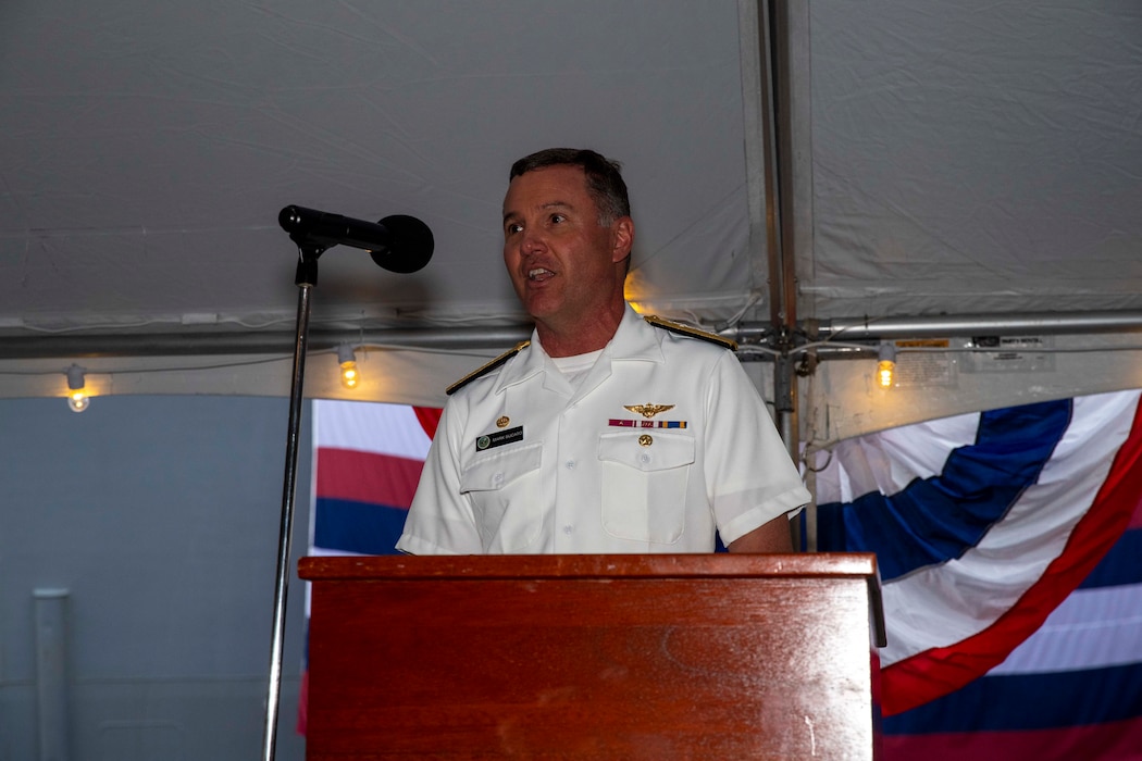 230805-N-YF131-1380 SEATTLE (Aug. 5, 2023) Rear Adm. Mark Sucato, commander, Navy Region Northwest, delivers remarks at the Seattle Fleet Week closing reception hosted by the Arleigh burke-class guided-missile destroyer USS Barry (DDG 52). Seattle Fleet Week is a time-honored celebration of the sea services and provides an opportunity for the citizens of Washington to meet Sailors, Marines and Coast Guardsmen, as well as witness firsthand the latest capabilities of today’s U.S. and Canadian maritime services. (U.S. Navy photo by Mass Communication Specialist 2nd Class Madison Cassidy)