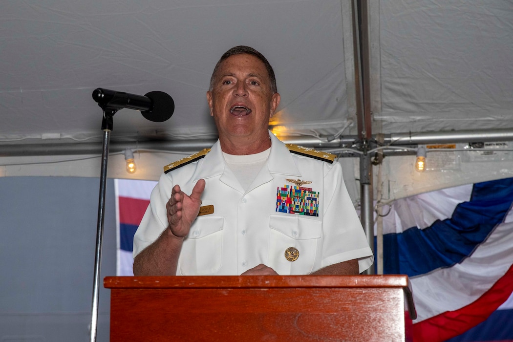 230805-N-YF131-1390 SEATTLE (Aug. 5, 2023) Vice Adm. Michael Boyle, commander, U.S. 3rd Fleet, delivers remarks at the Seattle Fleet Week closing reception hosted by the Arleigh burke-class guided-missile destroyer USS Barry (DDG 52). Seattle Fleet Week is a time-honored celebration of the sea services and provides an opportunity for the citizens of Washington to meet Sailors, Marines and Coast Guardsmen, as well as witness firsthand the latest capabilities of today’s U.S. and Canadian maritime services. (U.S. Navy photo by Mass Communication Specialist 2nd Class Madison Cassidy)