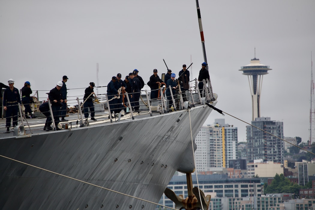 SEATTLE (Aug. 7, 2023) Sailors, assigned to the Arleigh Burke-class guided missile destroyer USS Barry (DDG 52) handle lines while departing Seattle Fleet Week. Seattle Fleet Week is a time-honored celebration of the sea services and provides an opportunity for the citizens of Washington to meet Sailors, Marines and Coast Guardsmen, as well as witness firsthand the latest capabilities of today’s U.S. and Canadian maritime services. (U.S. Navy photo by Mass Communication Specialist 2nd Class Madison Cassidy)