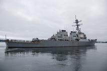 SEATTLE (Aug. 7, 2023) The Arleigh Burke-class guided missile destroyer USS Barry (DDG 52) departs Seattle Fleet Week. Seattle Fleet Week is a time-honored celebration of the sea services and provides an opportunity for the citizens of Washington to meet Sailors, Marines and Coast Guardsmen, as well as witness firsthand the latest capabilities of today’s U.S. and Canadian maritime services. (U.S. Navy photo by Mass Communication Specialist 2nd Class Madison Cassidy)