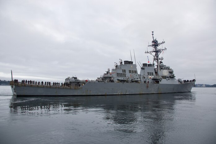 SEATTLE (Aug. 7, 2023) The Arleigh Burke-class guided missile destroyer USS Barry (DDG 52) departs Seattle Fleet Week. Seattle Fleet Week is a time-honored celebration of the sea services and provides an opportunity for the citizens of Washington to meet Sailors, Marines and Coast Guardsmen, as well as witness firsthand the latest capabilities of today’s U.S. and Canadian maritime services. (U.S. Navy photo by Mass Communication Specialist 2nd Class Madison Cassidy)