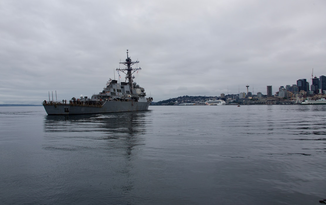 SEATTLE (Aug. 7, 2023) The Arleigh Burke-class guided missile destroyer USS Barry (DDG 52) departs Seattle Fleet Week. Seattle Fleet Week is a time-honored celebration of the sea services and provides an opportunity for the citizens of Washington to meet Sailors, Marines and Coast Guardsmen, as well as witness firsthand the latest capabilities of today’s U.S. and Canadian maritime services. (U.S. Navy photo by Mass Communication Specialist 2nd Class Madison Cassidy)