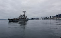 SEATTLE (Aug. 7, 2023) The Arleigh Burke-class guided missile destroyer USS Barry (DDG 52) departs Seattle Fleet Week. Seattle Fleet Week is a time-honored celebration of the sea services and provides an opportunity for the citizens of Washington to meet Sailors, Marines and Coast Guardsmen, as well as witness firsthand the latest capabilities of today’s U.S. and Canadian maritime services. (U.S. Navy photo by Mass Communication Specialist 2nd Class Madison Cassidy)