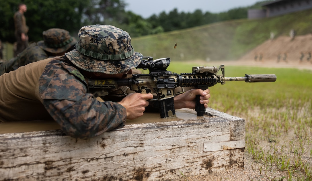 A U.S. Marine executes a battlesight zero with his M4 carbine during Korea Marine Exercise Program 23.3 in the Republic of Korea, July 26, 2023. KMEP is conducted routinely to maintain the interoperability, proficiency, and combined readiness of the ROK-U.S. forces. The Marines are with 3d Battalion, 5th Marines and are forward deployed in the Indo-Pacific under 4th Marine Regiment, 3d Marine Division as part of the Unit Deployment Program. (U.S. Marine Corps photo by Sgt. Jennifer Andrade)
