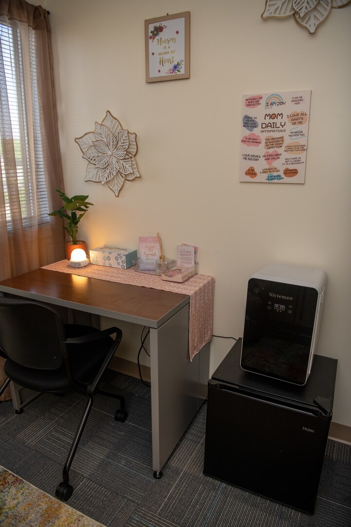 View inside mother's room showing desk and fridge.