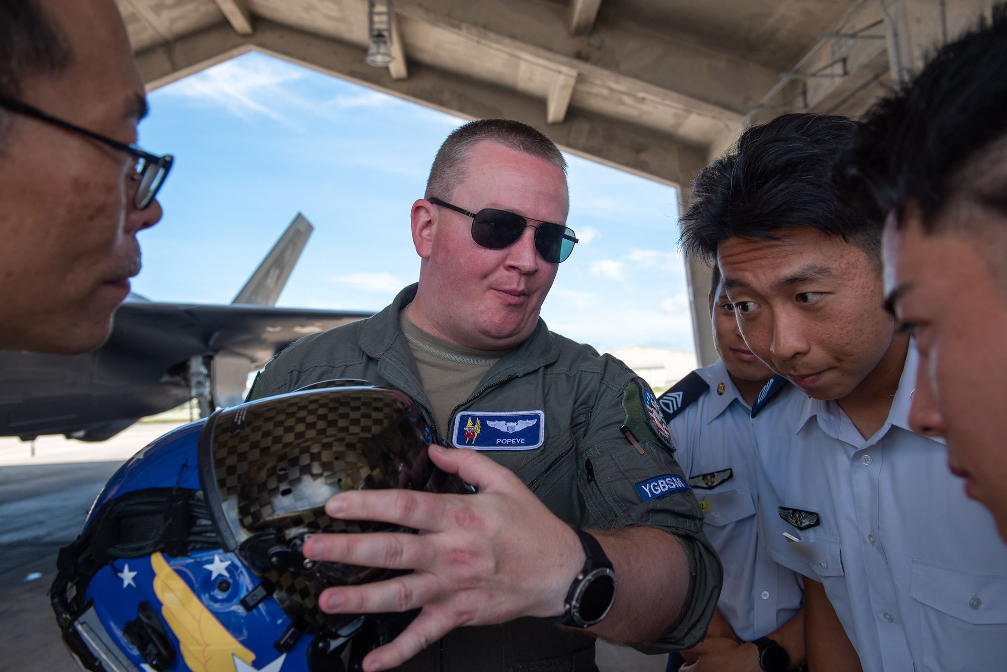 Pilot showcases an F-35A helmet