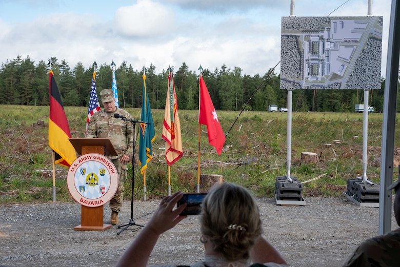 U.S. Army Corps of Engineers, Europe District Commander Col. Dan Kent speaks during the groundbreaking for the Operational Readiness Training Complex at Grafenwoehr Training Area in Germany August 4, 2023. The groundbreaking celebrated the first major steps in construction for the ORTC project which will be built over several years and include all the facilities needed for an entire brigade set of troops and equipment to train and operate on a rotational basis. (U.S. Army photo by Alfredo Barraza)