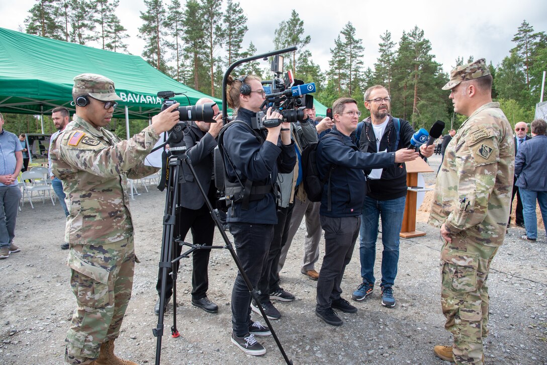 U.S. Army Corps of Engineers, Europe District Commander Col. Dan Kent speaks to media at Grafenwoehr Training Area in Germany while there celebrating the groundbreaking for the Operational Readiness Training Complex August 4, 2023. The groundbreaking celebrated the first major steps in construction for the ORTC project which will be built over several years and include all the facilities needed for an entire brigade set of troops and equipment to train and operate on a rotational basis. (U.S. Army photo by Alfredo Barraza)