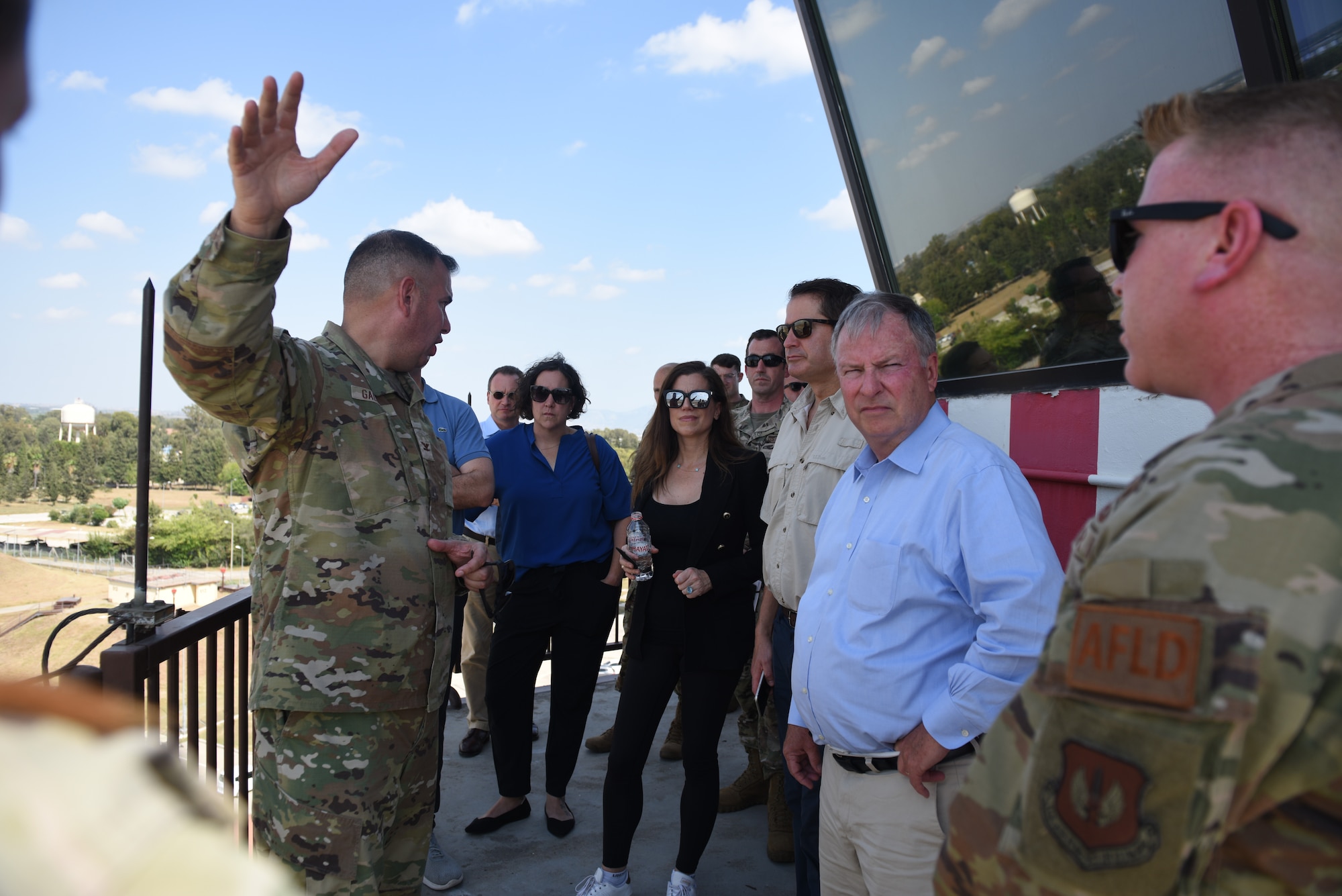 From  left, U.S. House Rep. Nancy Mace, Rep. Seth Moulton and Rep. Doug Lamborn visit the air traffic control tower with leadership from the 39th Air Base Wing, Incirlik Air Base, Türkiye, August 2, 2023.